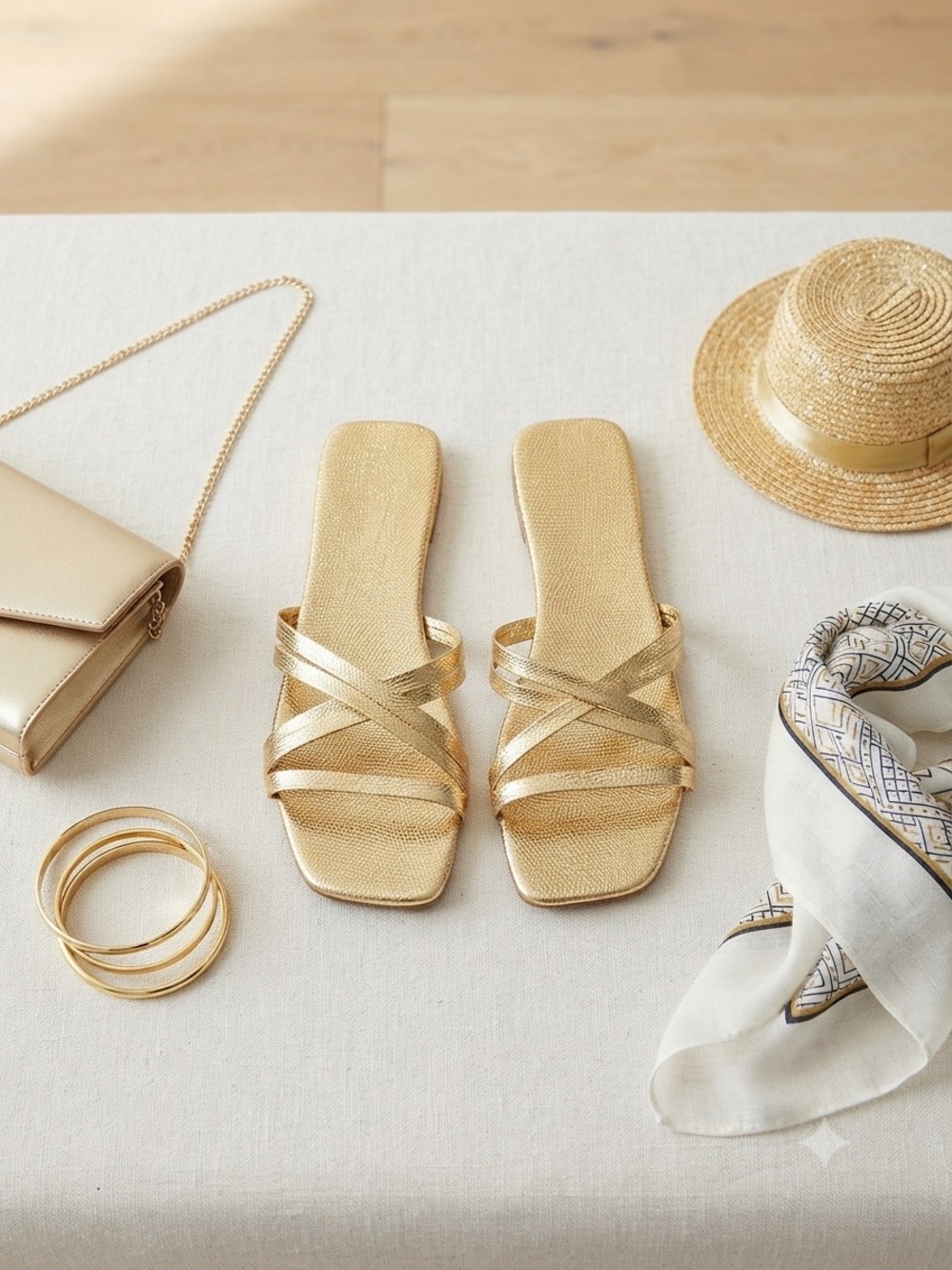 Gold Strappy Slide Sandals - Women's Summer Flats